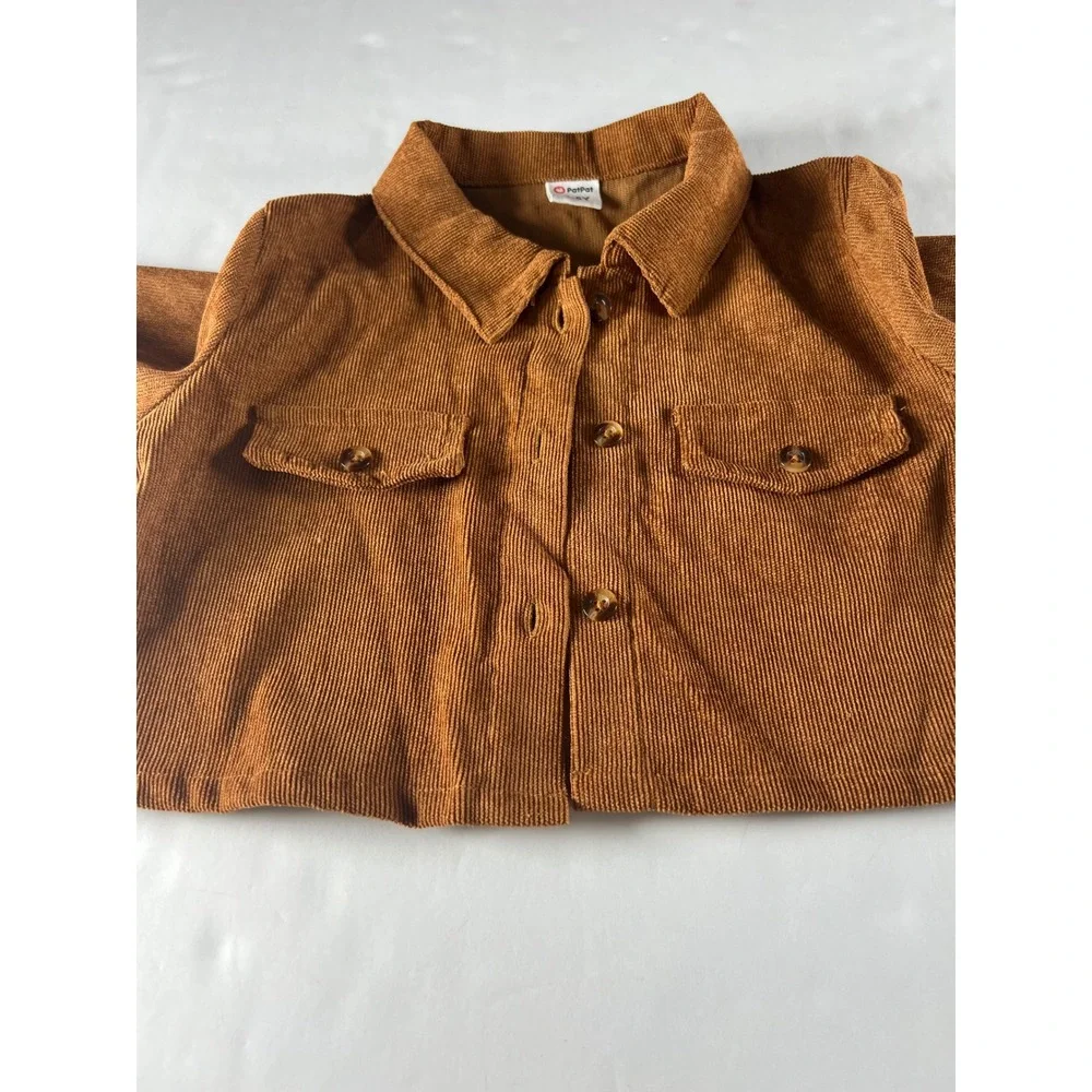 PatPat Girls 4-5Y Brown Corduroy Jacket Geometric Print Dress‎ Set